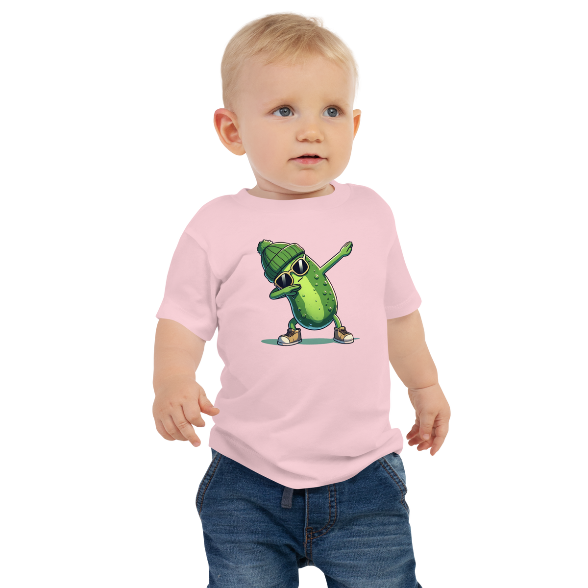 Dabbing Pickle baby jersey tee in Pink, front view