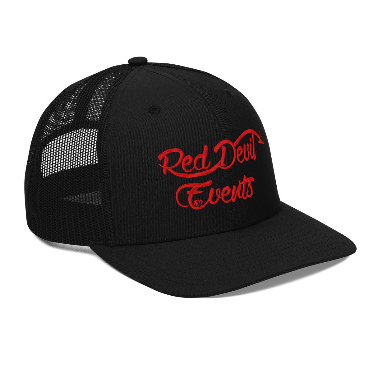 Red Devil Events snapback trucker cap in Black, angled front view