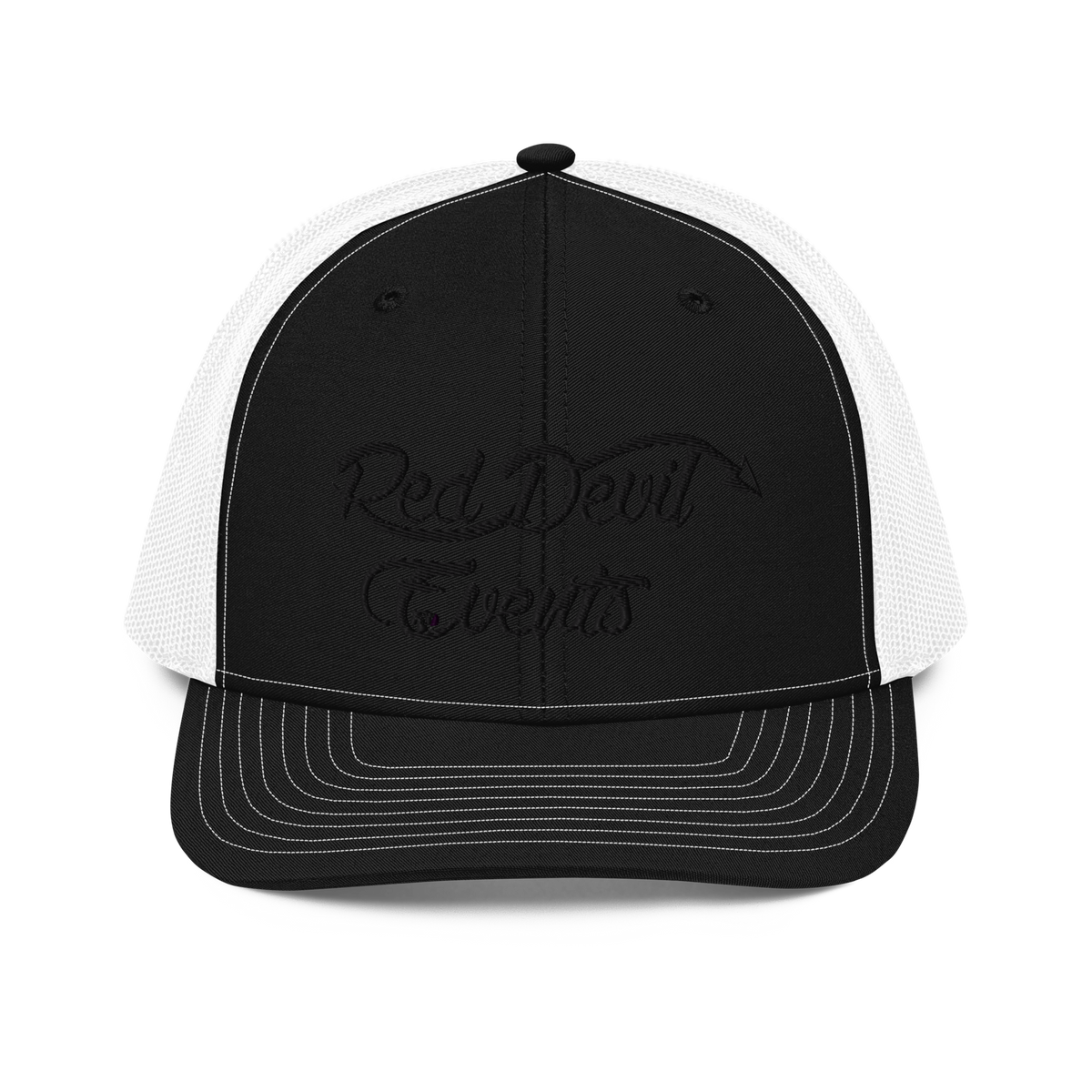Red Devil Events snapback trucker cap in Black/White, front view