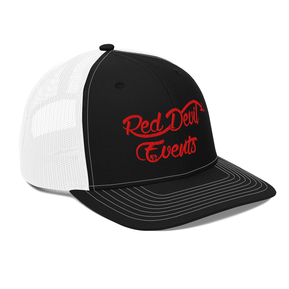 Red Devil Events snapback trucker cap in Black/White, angled front view
