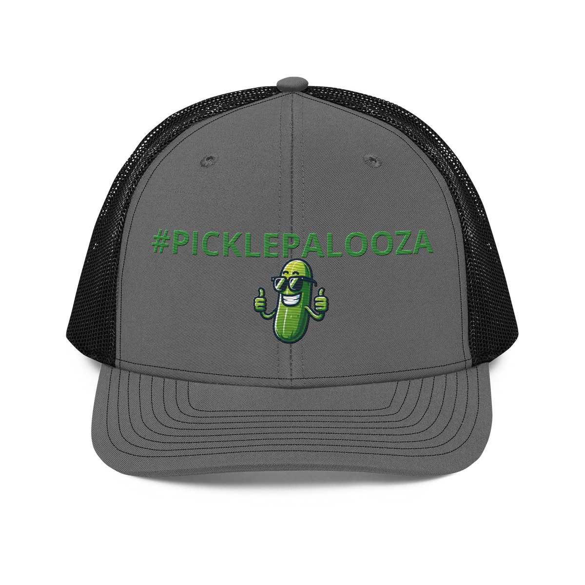 Pickle Palooza snapback trucker cap in Charcoal/Black, front view