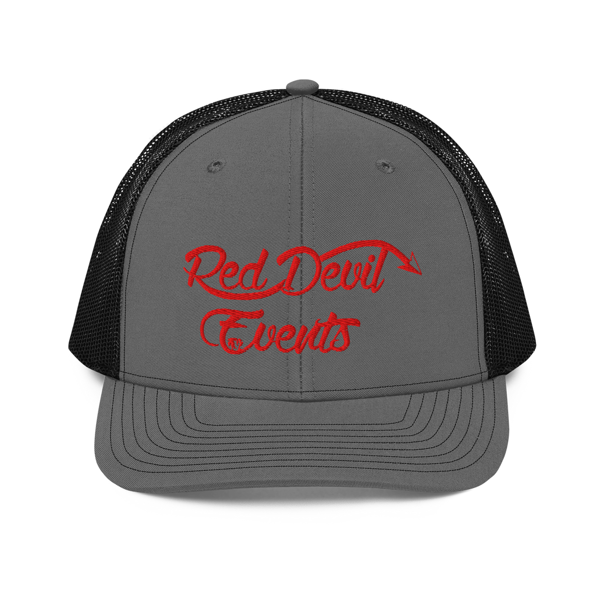 Red Devil Events snapback trucker cap in Charcoal/Black, front view