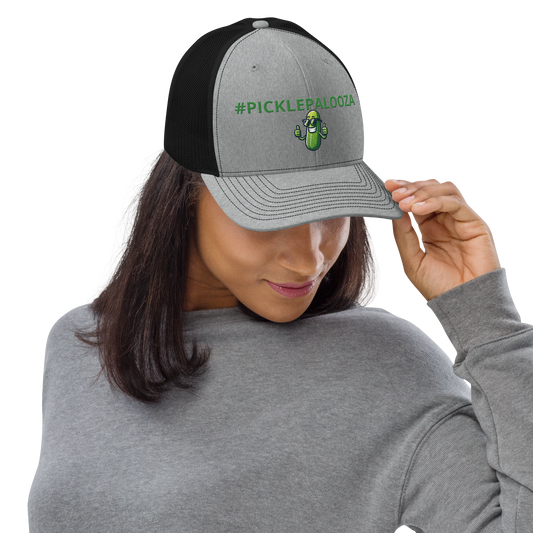 Pickle Palooza snapback trucker cap in Heather Grey/Black, front view