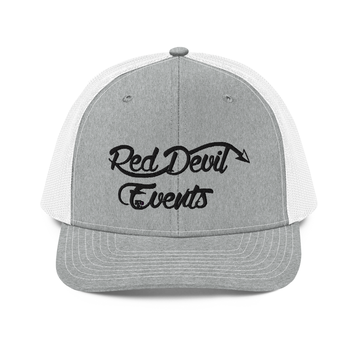 Red Devil Events snapback trucker cap in Heather Grey/White, front view