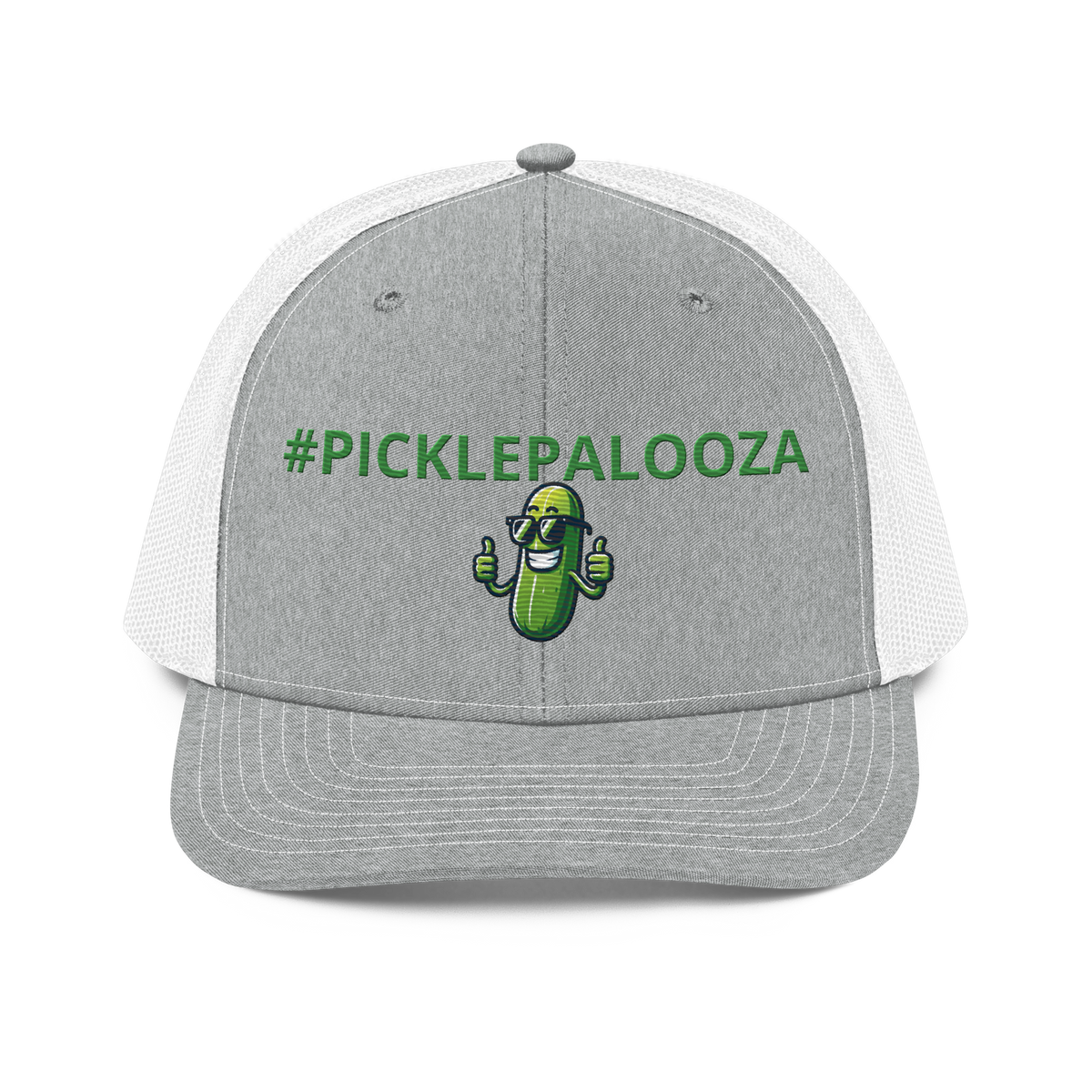 Pickle Palooza snapback trucker cap in Heather Grey/White, front view
