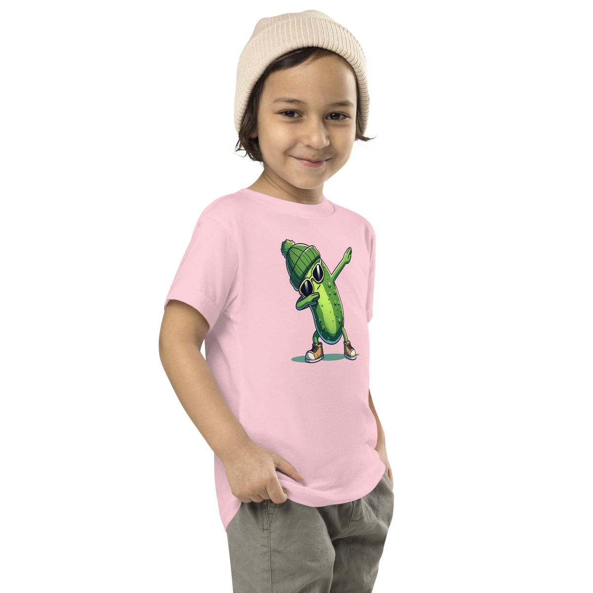 Dabbing Pickle toddler t-shirt in Pink, angled front view