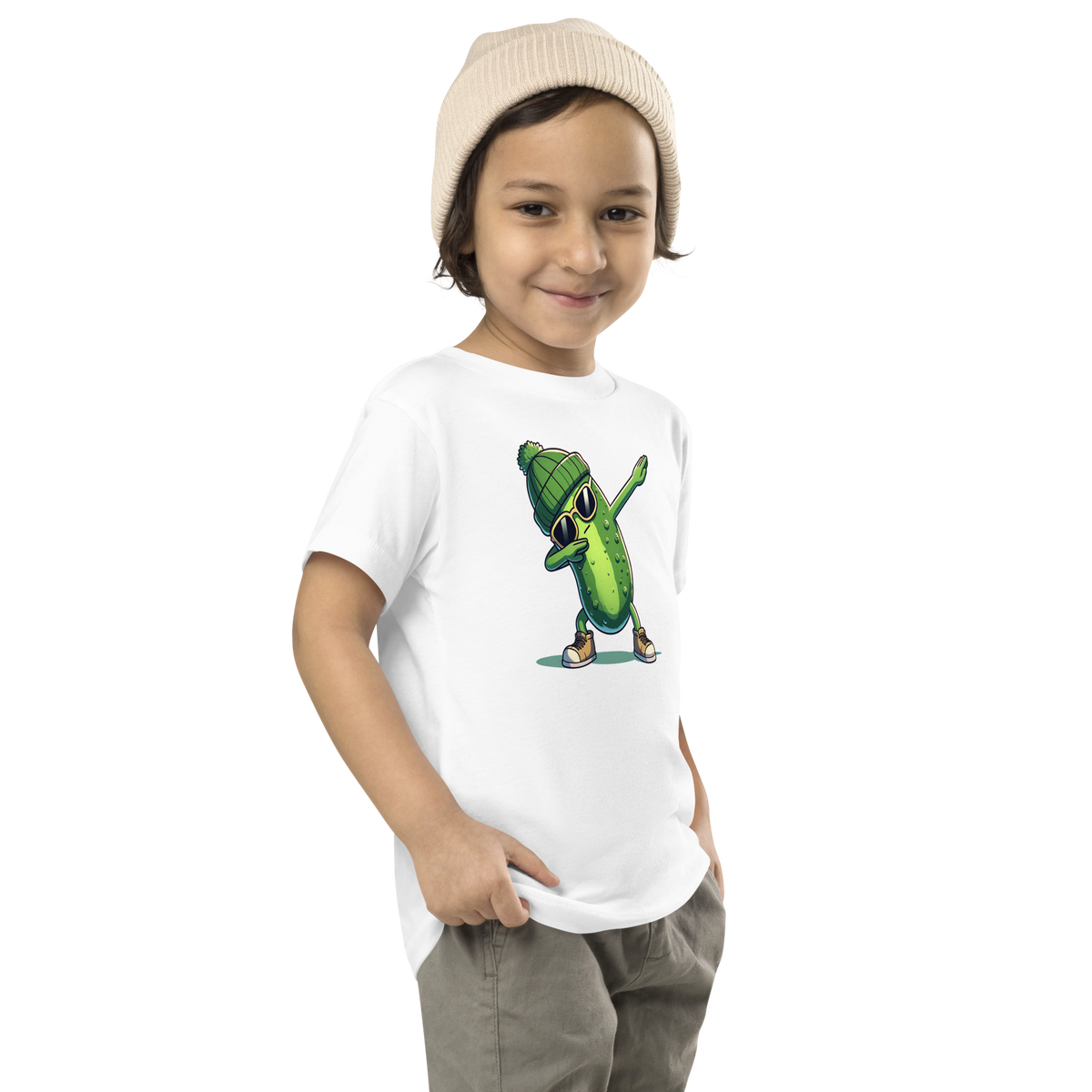 Dabbing Pickle toddler t-shirt in White, angled front view