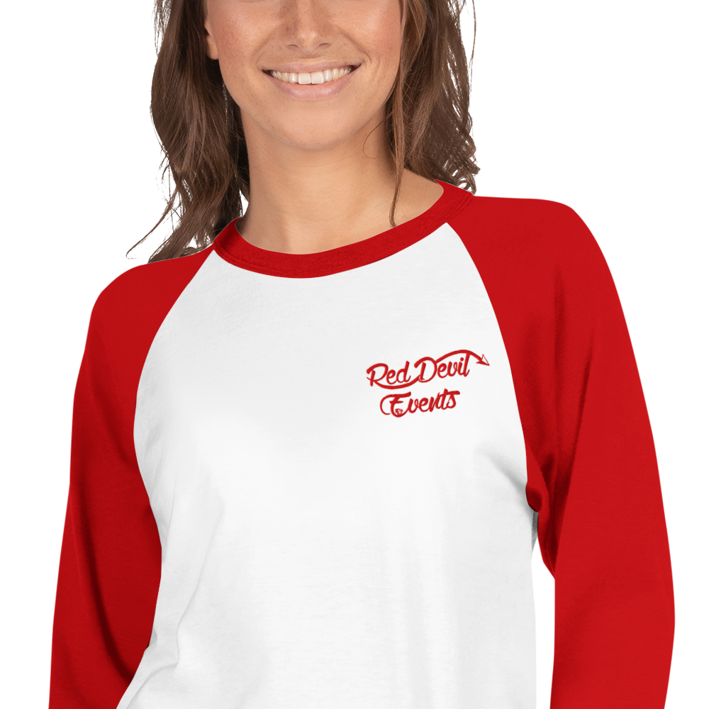 Red Devil Events 3/4 sleeve raglan shirt, close-up of the print