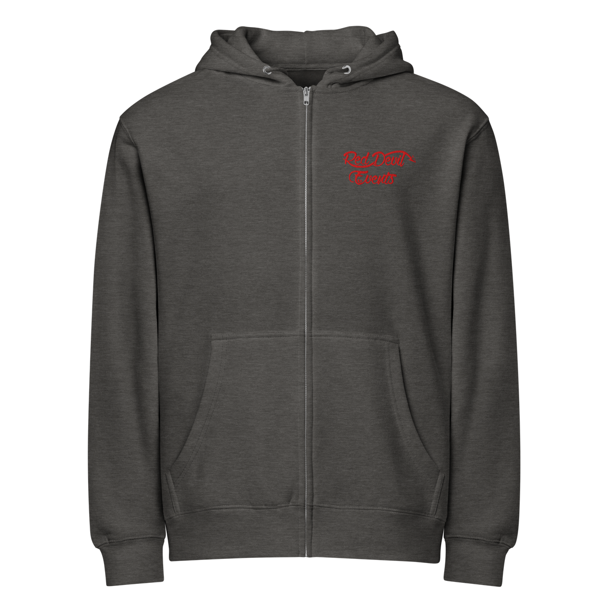 Red Devil Events premium full-zip hoodie in Charcoal Heather, front view