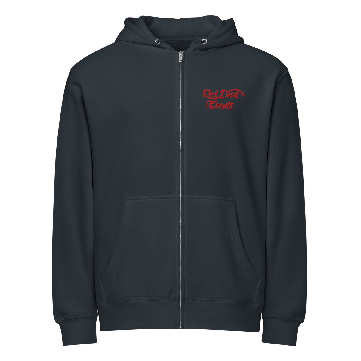 Red Devil Events premium full-zip hoodie in Navy, front view