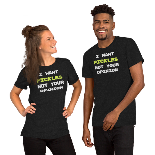 I Want Pickles unisex t-shirt in Black Heather, front view