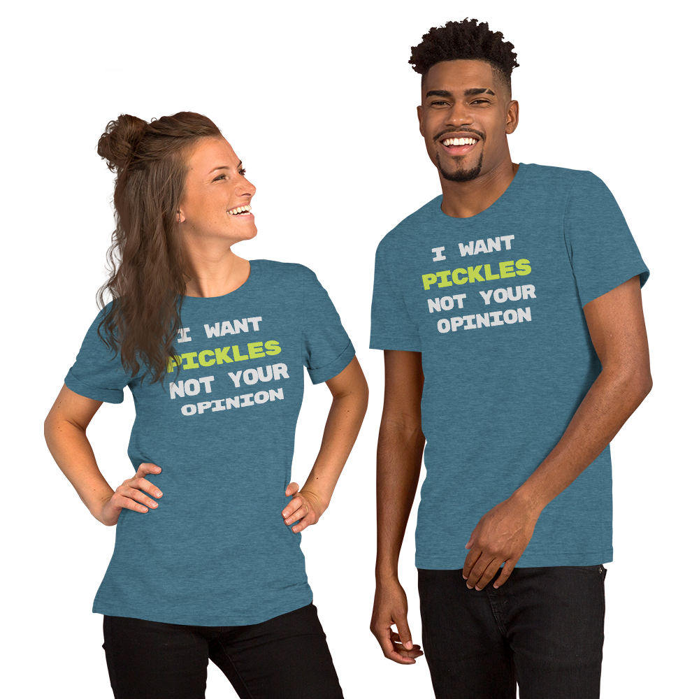 I Want Pickles unisex t-shirt in Heather Deep Teal, front view