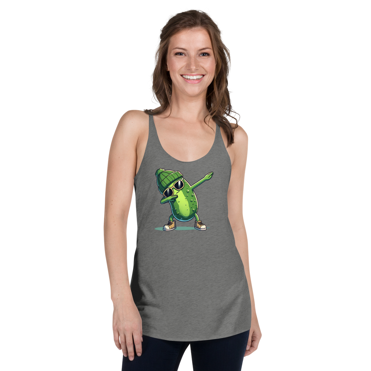 Dabbing Pickle women's racerback tank in Premium Heather, front view