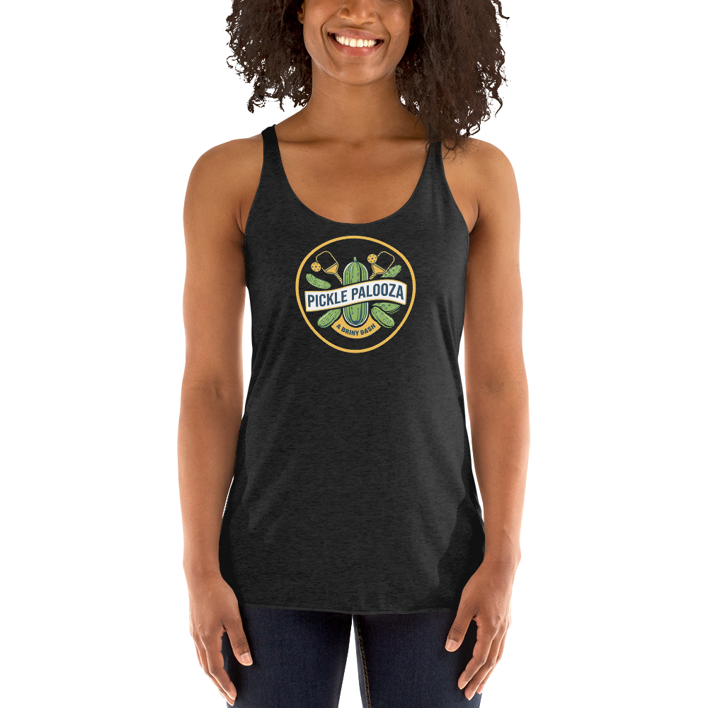 Pickle Palooza women's racerback tank in Vintage Black, front view
