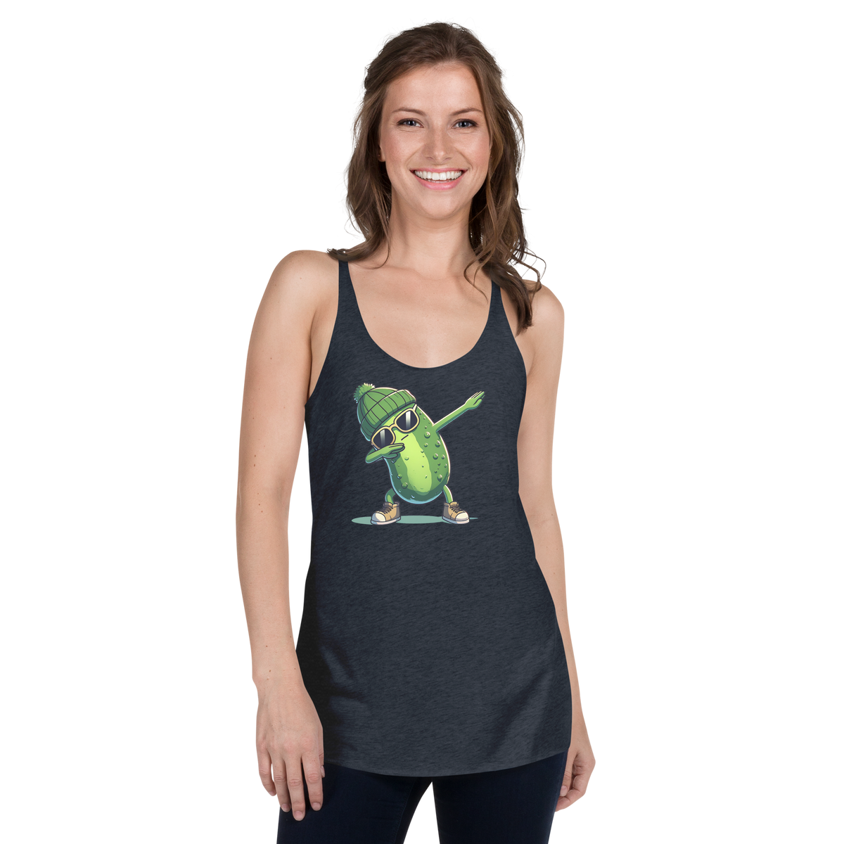 Dabbing Pickle women's racerback tank in Vintage Navy, front view