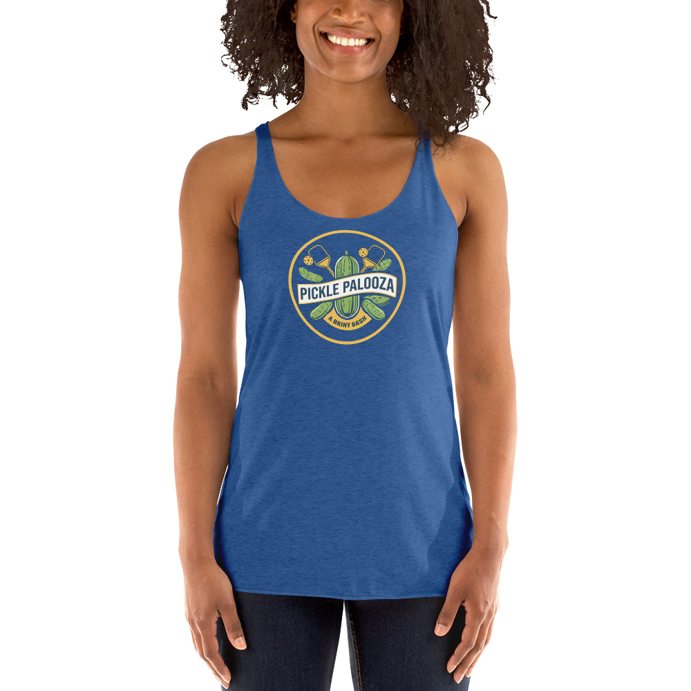 Pickle Palooza women's racerback tank in Vintage Royal, front view