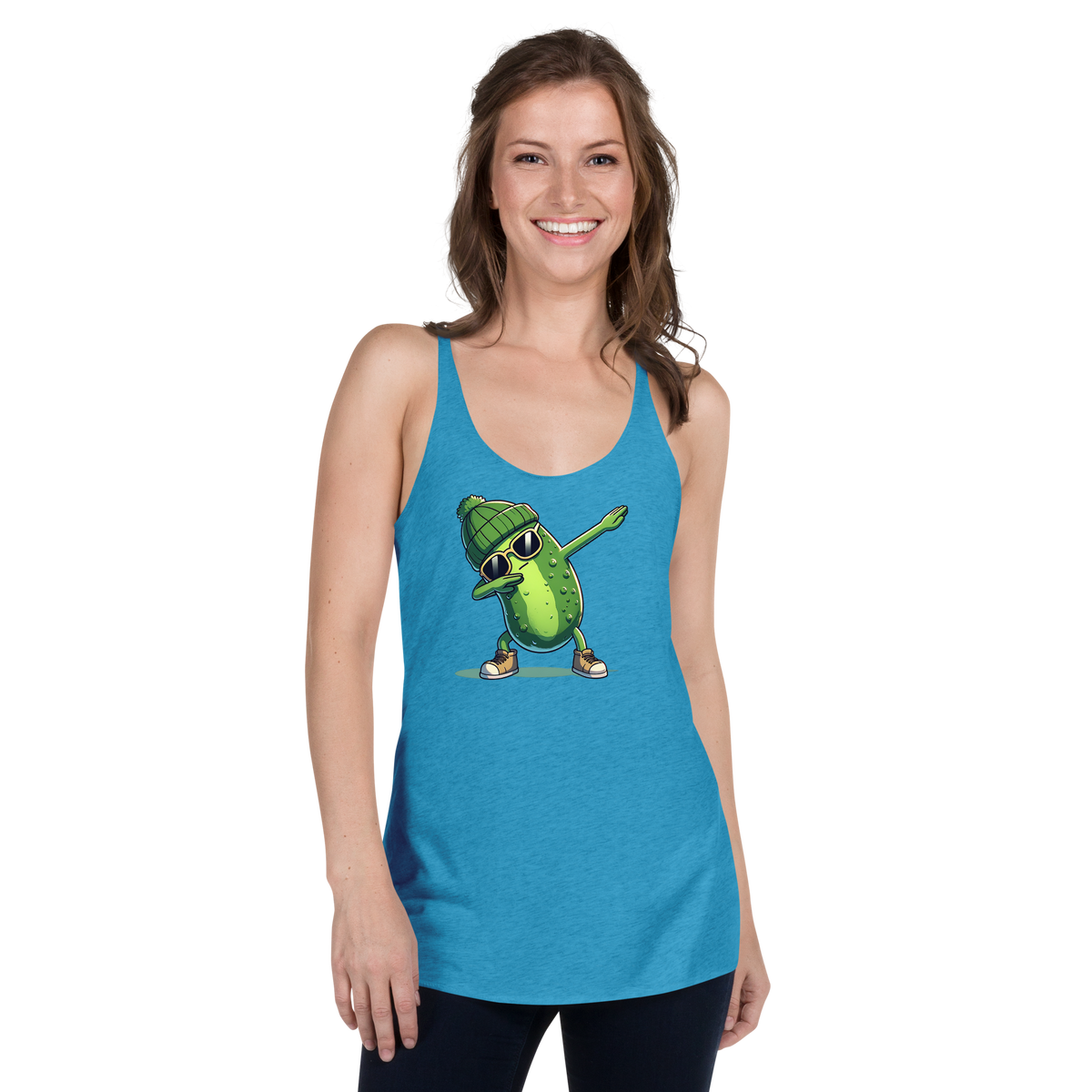 Dabbing Pickle women's racerback tank in Vintage Turquoise, front view