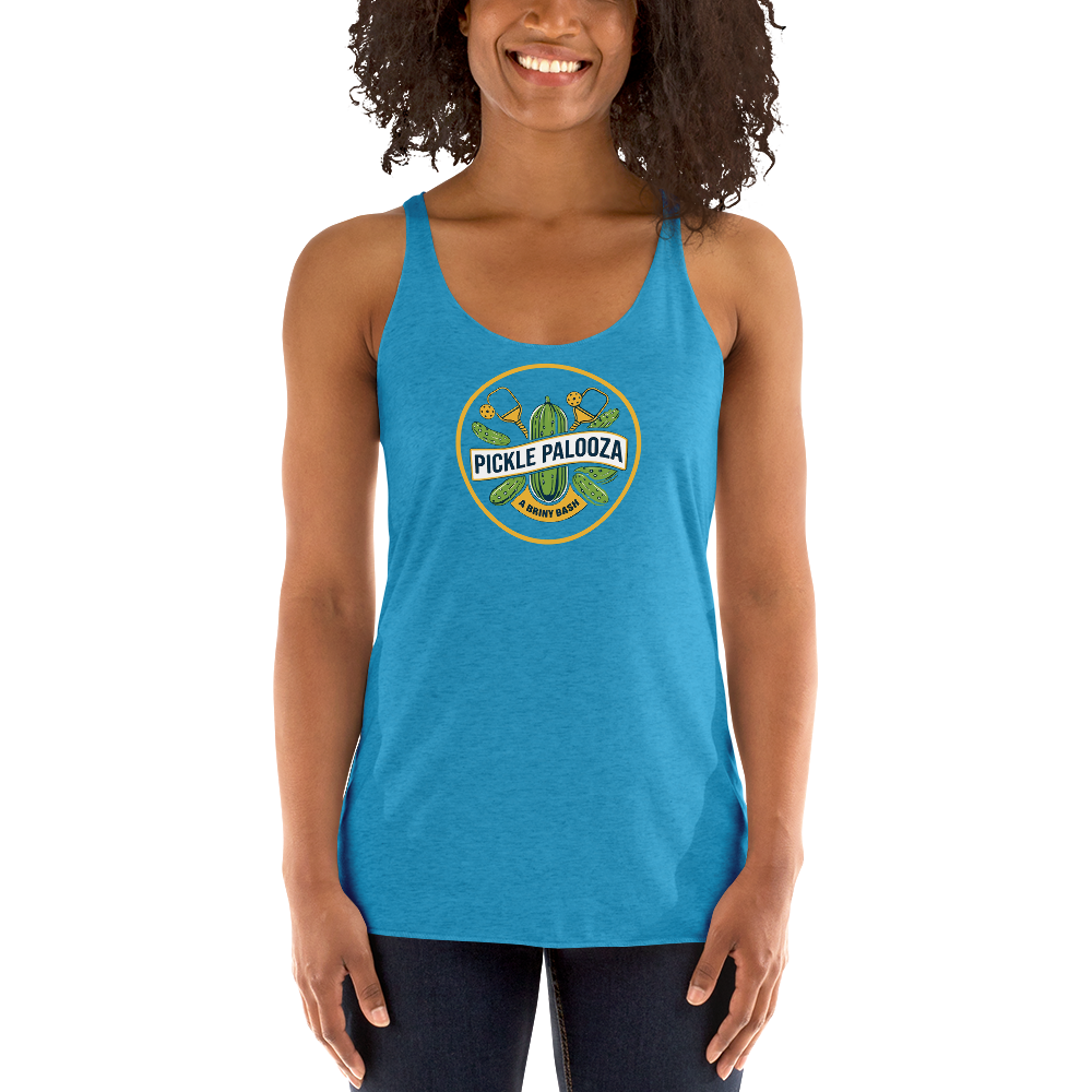 Pickle Palooza women's racerback tank in Vintage Turquoise, front view