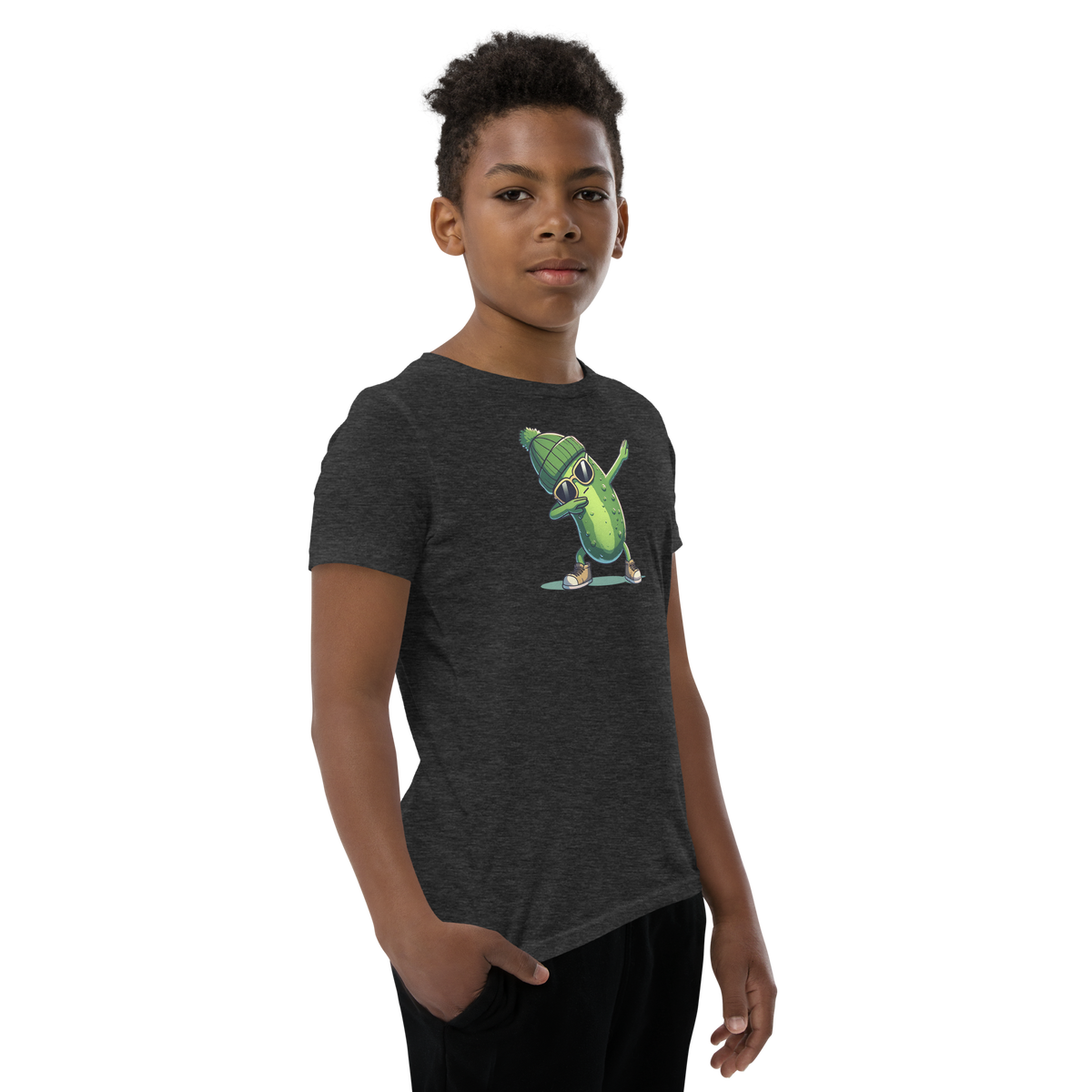 Dabbing Pickle youth t-shirt in Dark Grey Heather, angled front view