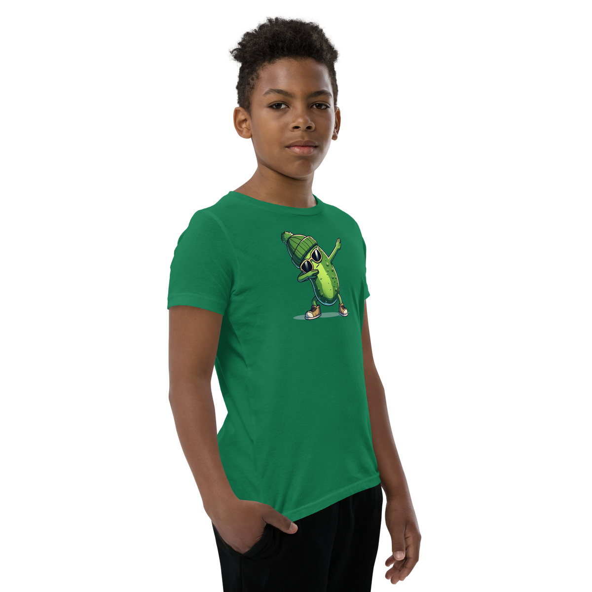 Dabbing Pickle youth t-shirt in Kelly green, angled front view