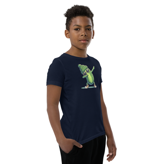 Dabbing Pickle youth t-shirt in Navy, angled front view