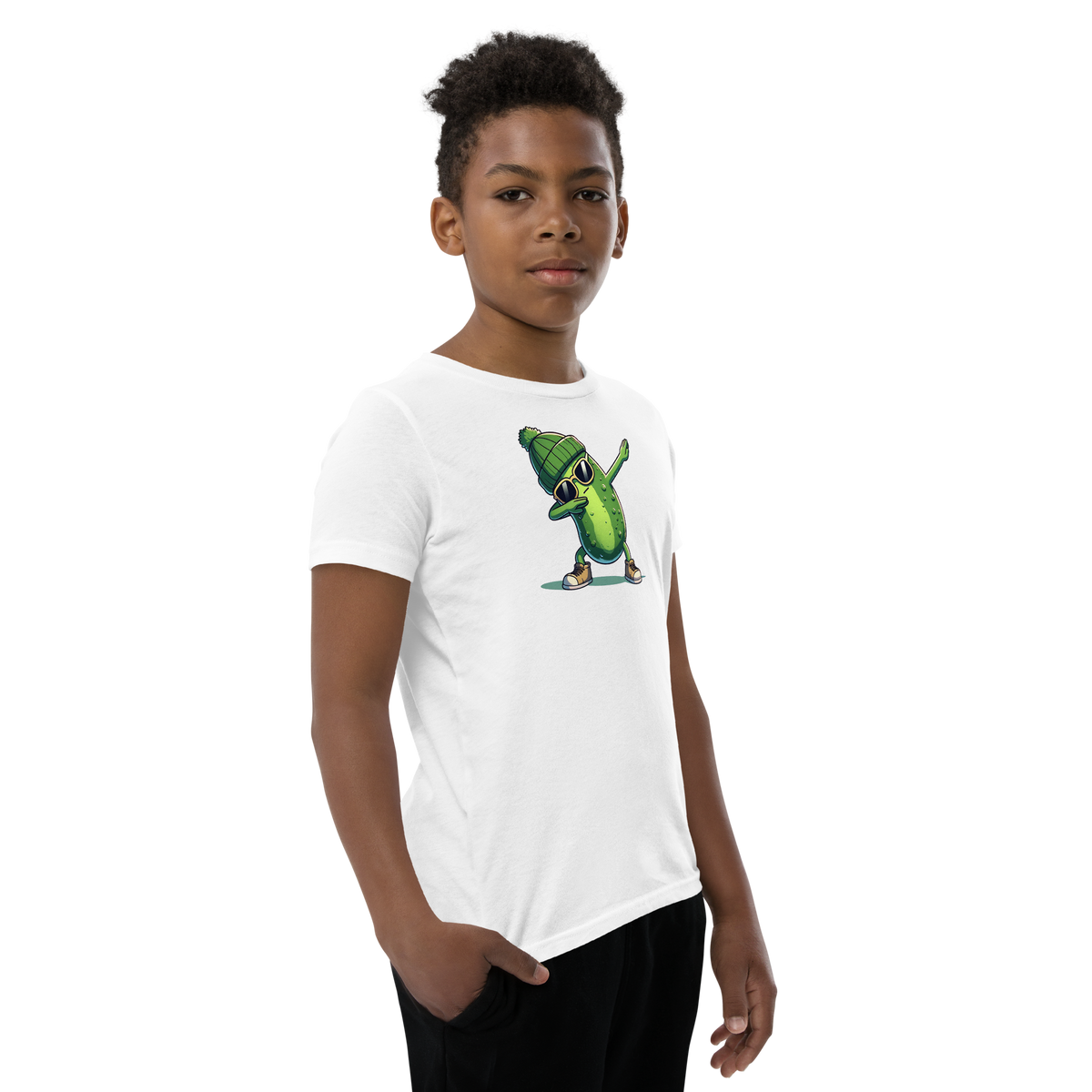 Dabbing Pickle youth t-shirt in White, angled front view
