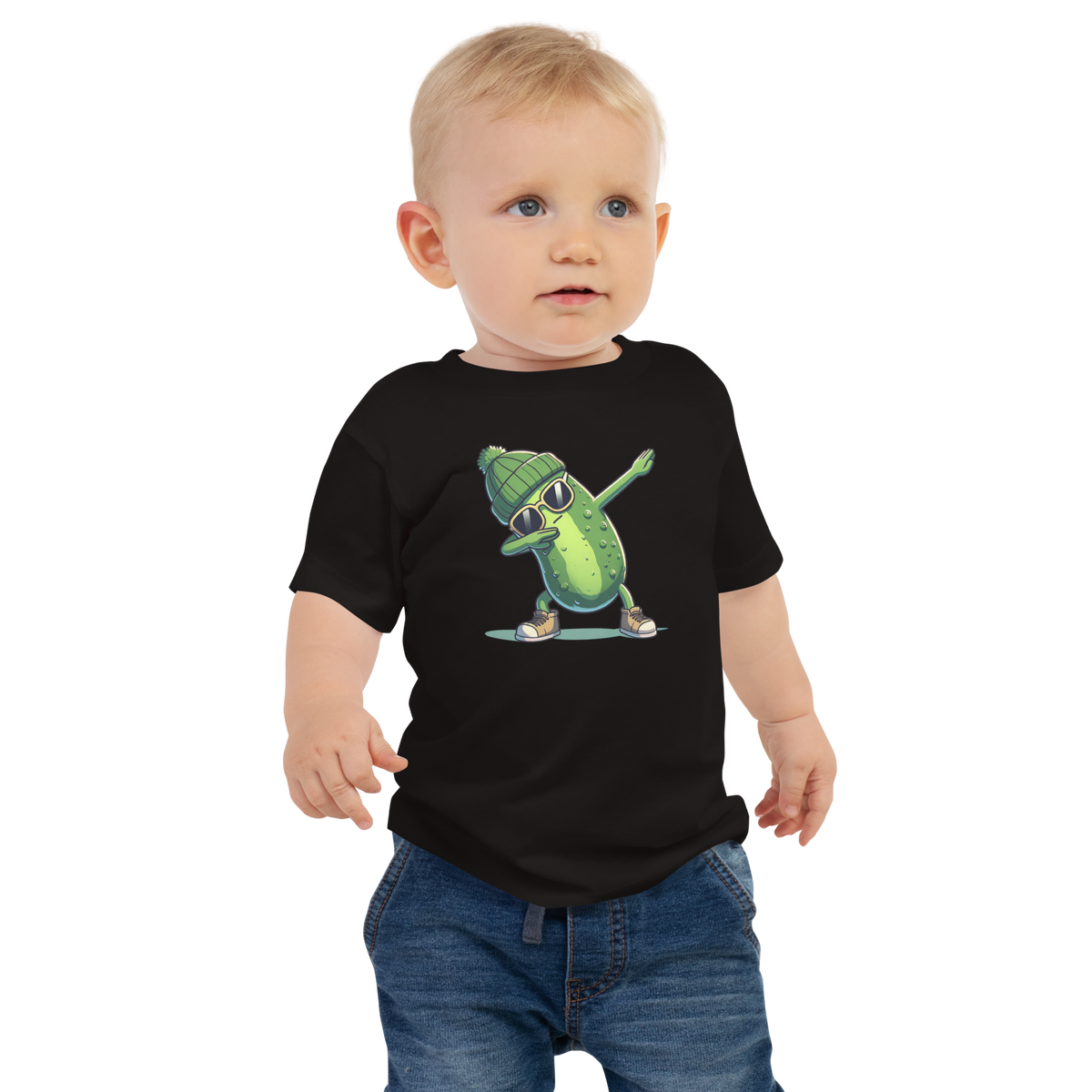 Dabbing Pickle baby jersey tee in Black, front view