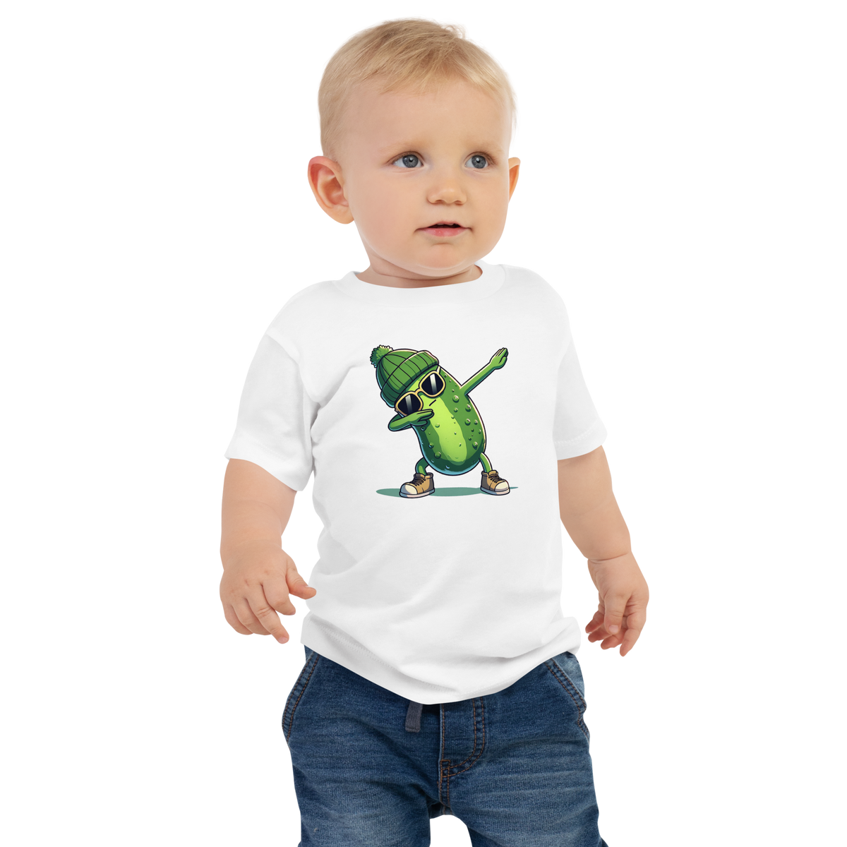 Dabbing Pickle baby jersey tee in White, front view