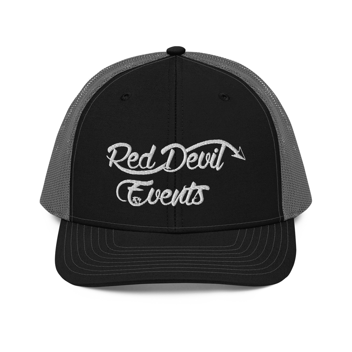 Red Devil Events snapback trucker cap in Black/Charcoal, front view