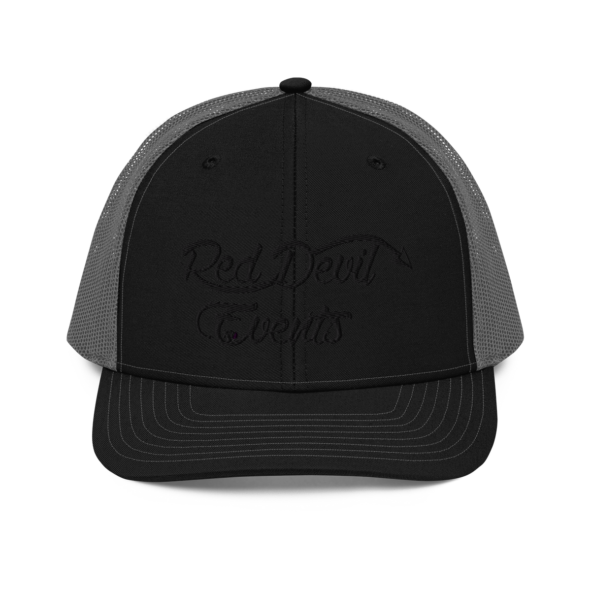 Red Devil Events snapback trucker cap in Black/Charcoal, front view