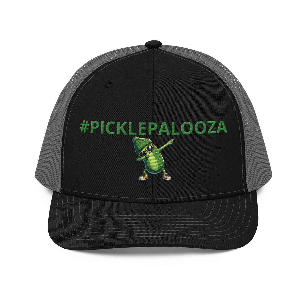 Dabbing Pickle snapback trucker cap in Black/Charcoal, front view