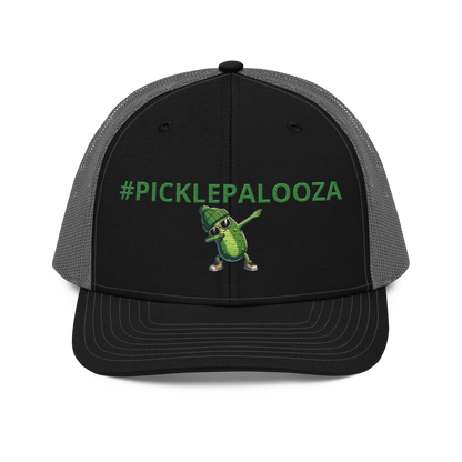 Dabbing Pickle snapback trucker cap in Black/Charcoal, front view