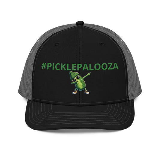 Dabbing Pickle snapback trucker cap in Black/Charcoal, front view