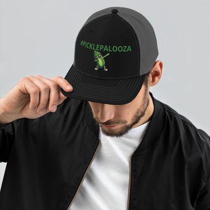 Dabbing Pickle snapback trucker cap in Black/Charcoal, front view