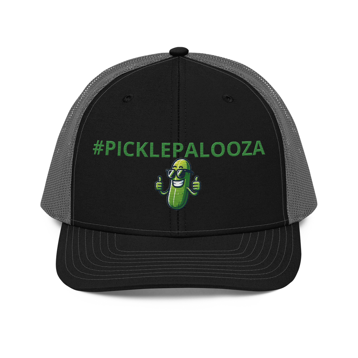 Pickle Palooza snapback trucker cap in Black/Charcoal, front view