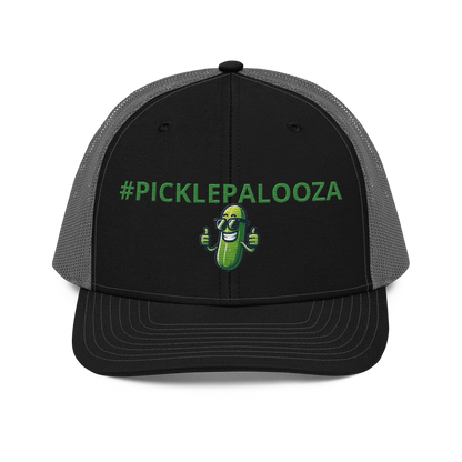 Pickle Palooza snapback trucker cap in Black/Charcoal, front view