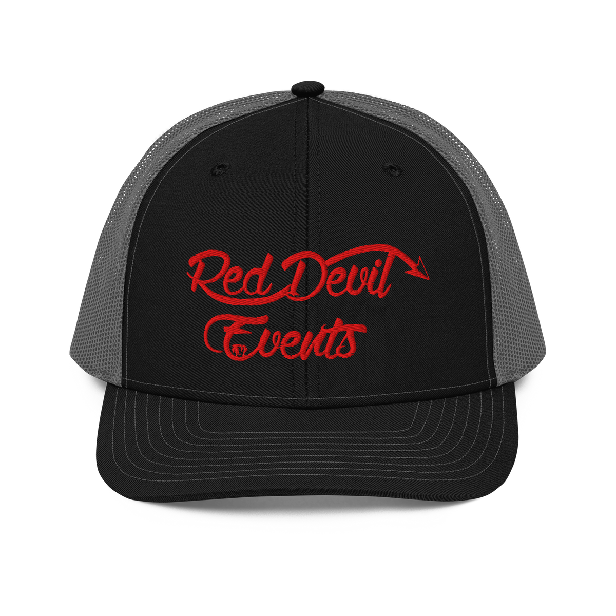 Red Devil Events snapback trucker cap in Black/Charcoal, front view