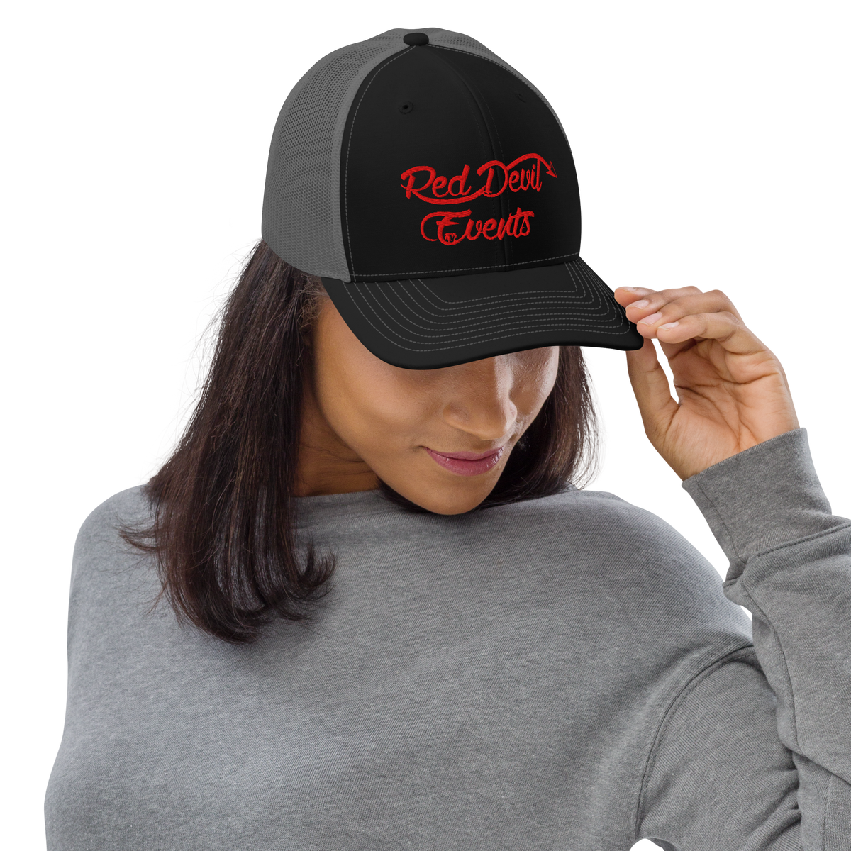 Red Devil Events snapback trucker cap in Black/Charcoal, front view
