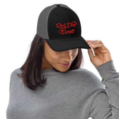 Red Devil Events snapback trucker cap in Black/Charcoal, front view