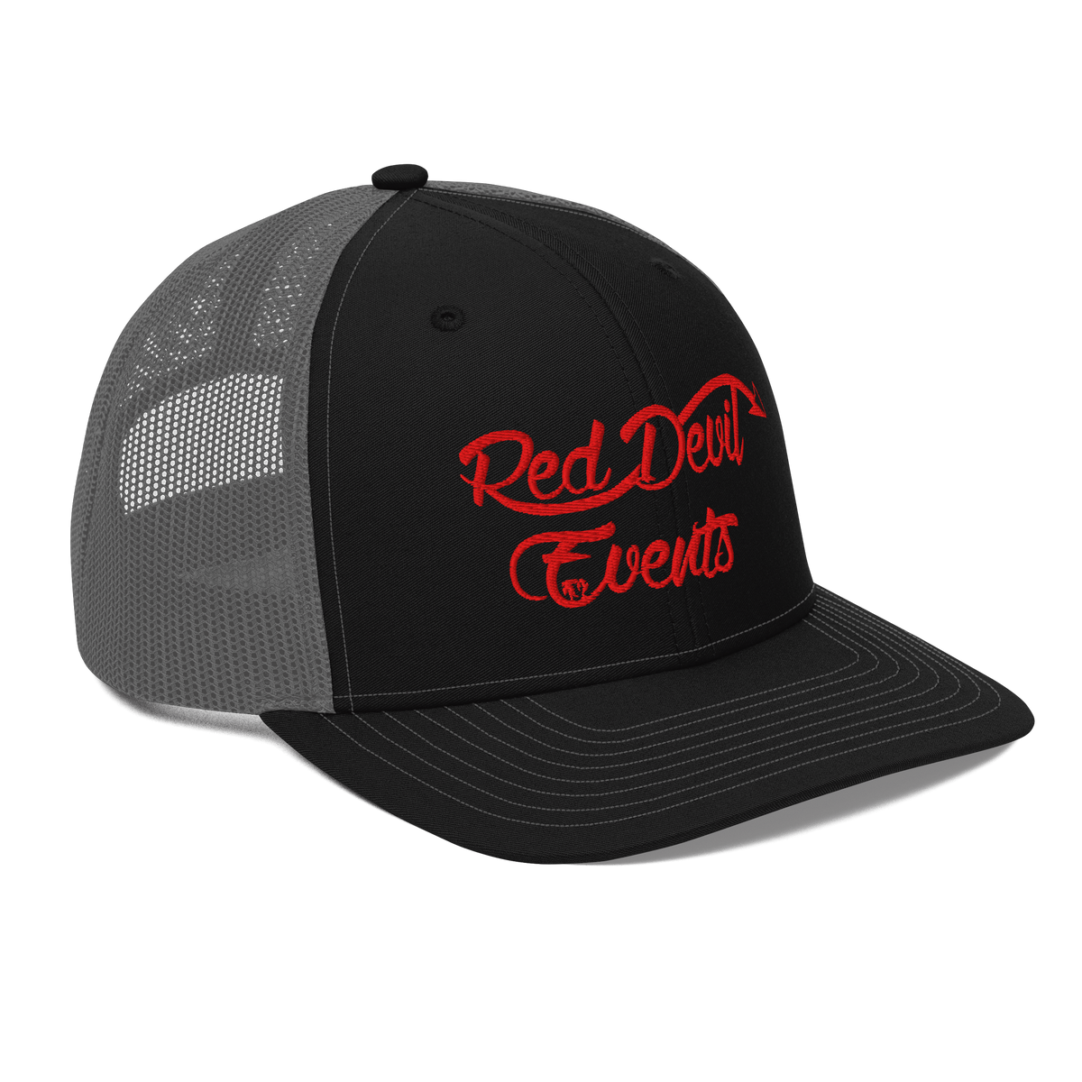 Red Devil Events snapback trucker cap in Black/Charcoal, angled front view