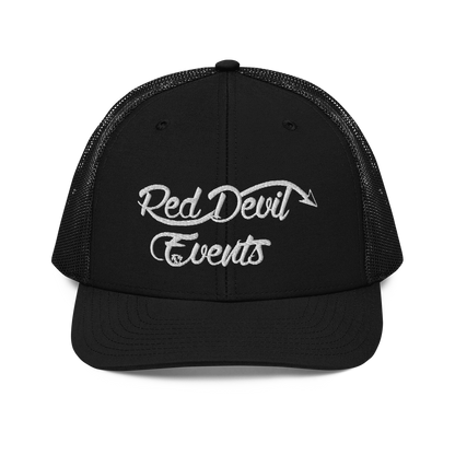 Red Devil Events snapback trucker cap in Black, front view