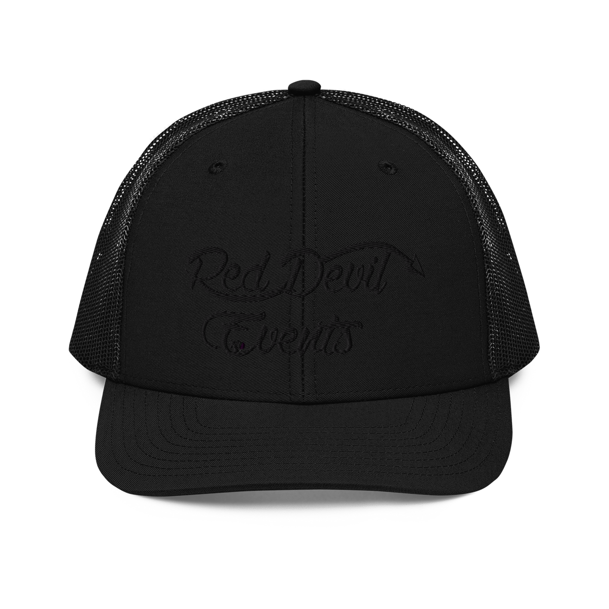 Red Devil Events snapback trucker cap in Black, front view
