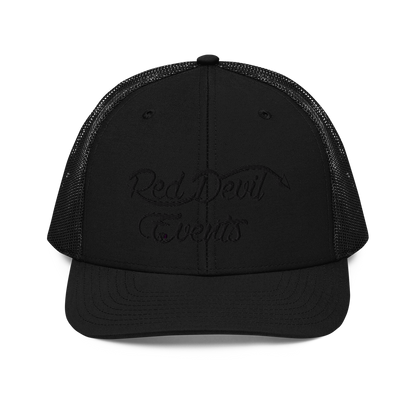 Red Devil Events snapback trucker cap in Black, front view