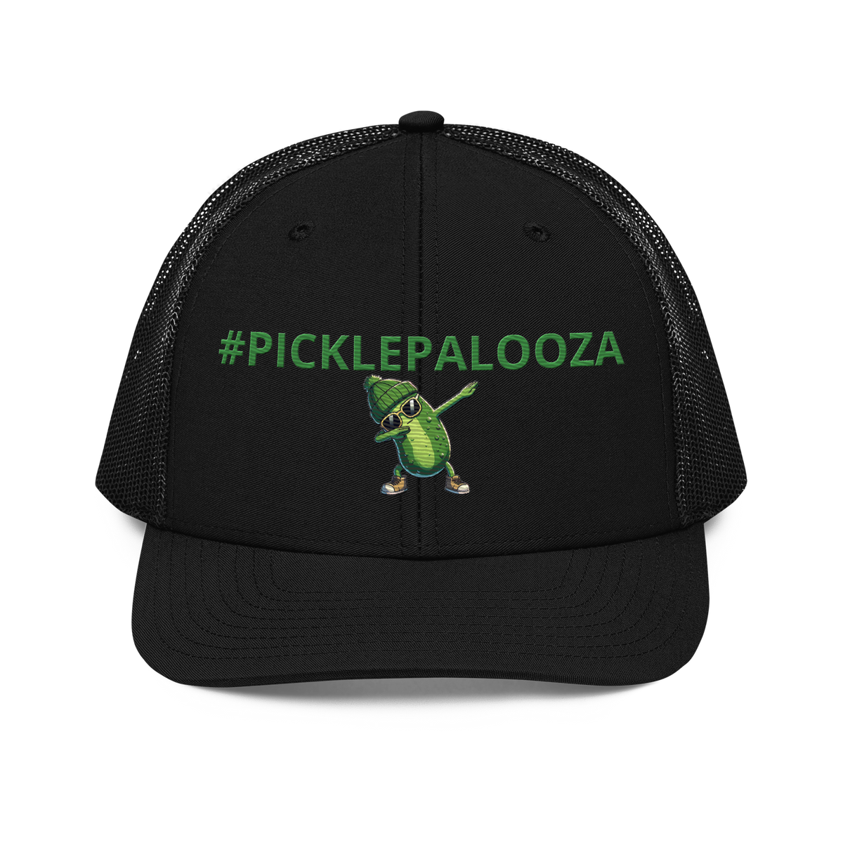 Dabbing Pickle snapback trucker cap in Black, front view