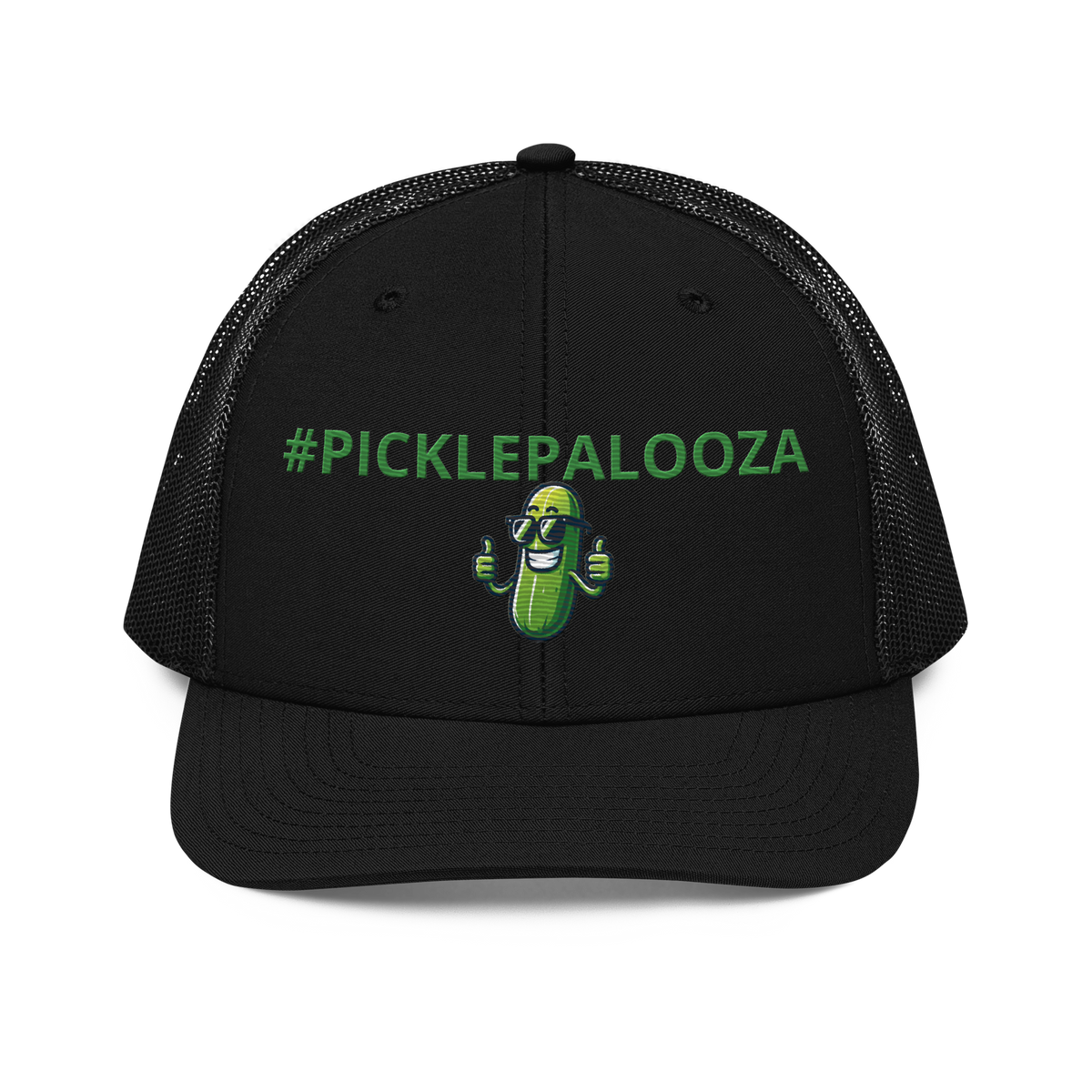 Pickle Palooza snapback trucker cap in Black, front view