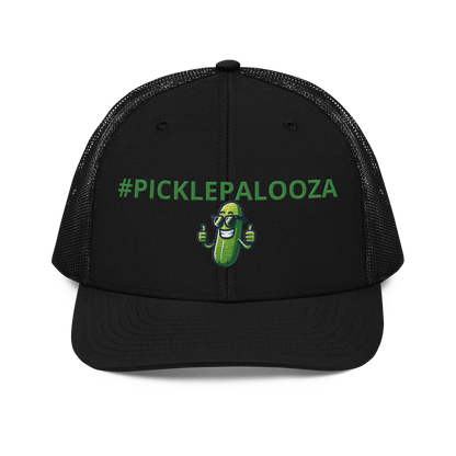 Pickle Palooza snapback trucker cap in Black, front view