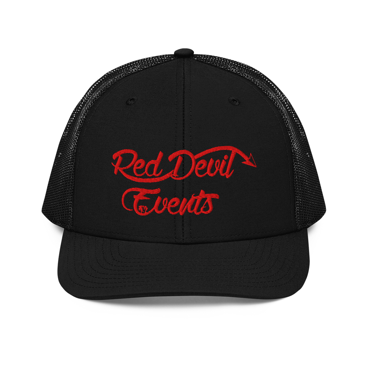 Red Devil Events snapback trucker cap in Black, front view