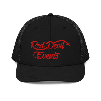 Red Devil Events snapback trucker cap in Black, front view