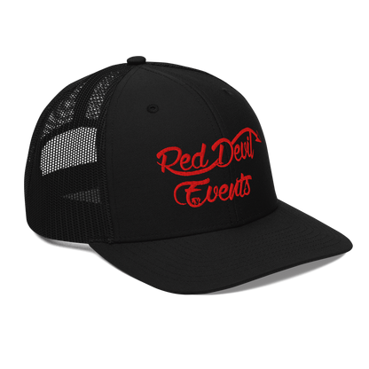 Red Devil Events snapback trucker cap in Black, angled front view