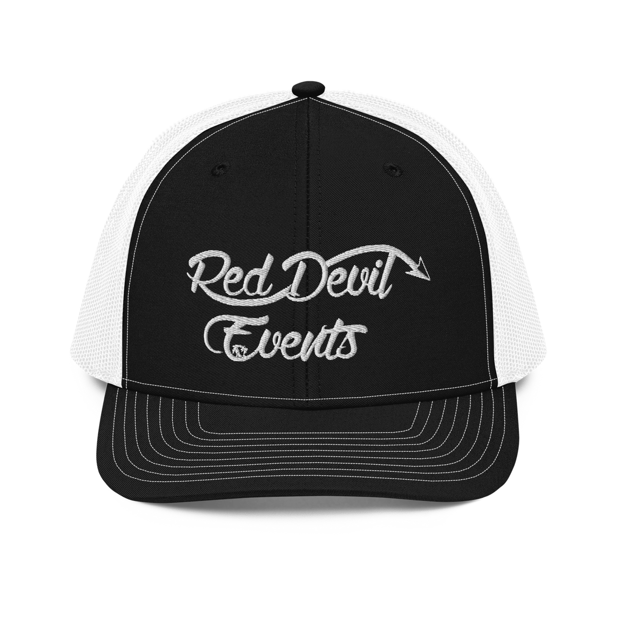 Red Devil Events snapback trucker cap in Black/White, front view
